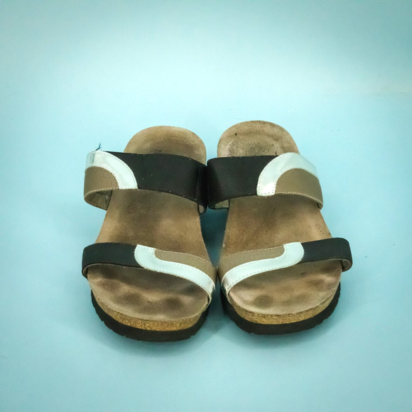 Naot 42 Size 11-11.5 Frankie Black Tan Silver Metallic Leather Slip On Sandals - Picture 2 of 6